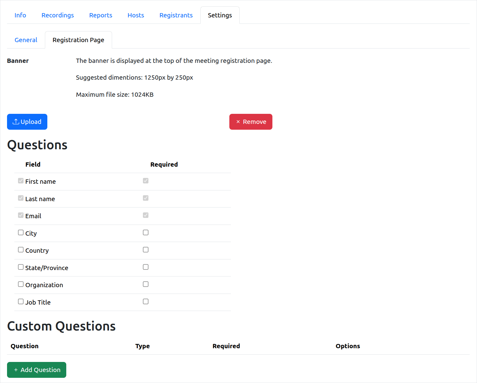 Meeting Regiatration Page Settings