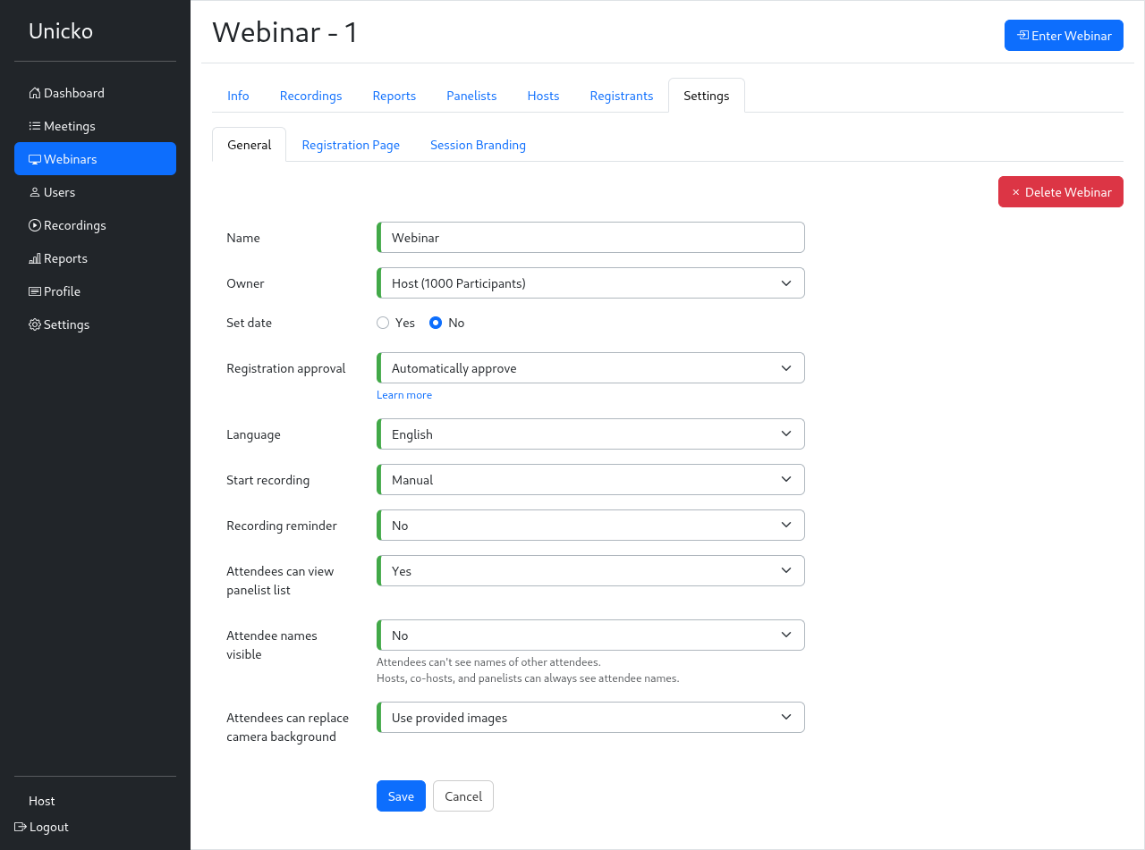 account webinar general settings