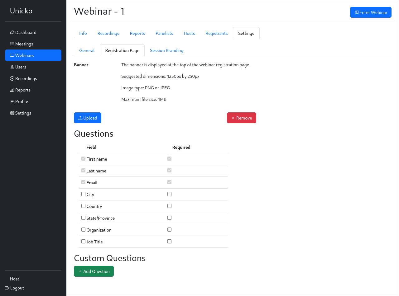account webinar registration page settings